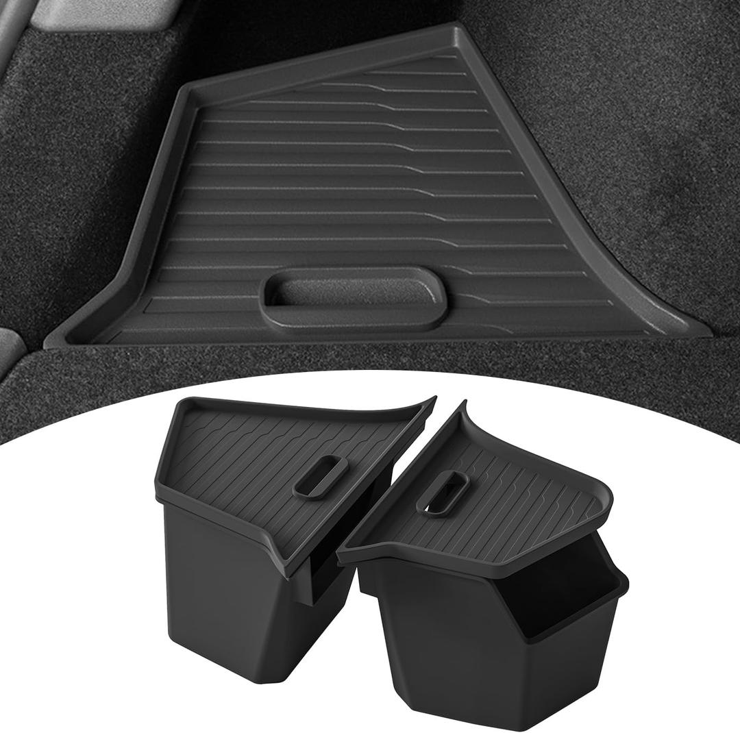 PUOENI New 2025 2026 Model Y Juniper Rear Trunk Storage Bins with Lids 2PCS Refresh Model Y Rear Trunk Storage Box TPE Waterproof Trunk Organizer for Model Y Juniper Interior Accessories