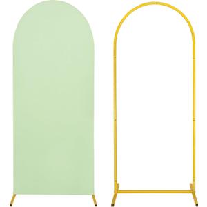 Metal Arch Stand and Cover Set,1 Sage Green Spandex Fitted Backdrop with 1 Gold Wedding Arched Stand Frame for Parties Birthday Baby Shower Bridal Banquet Decoration (4FT)