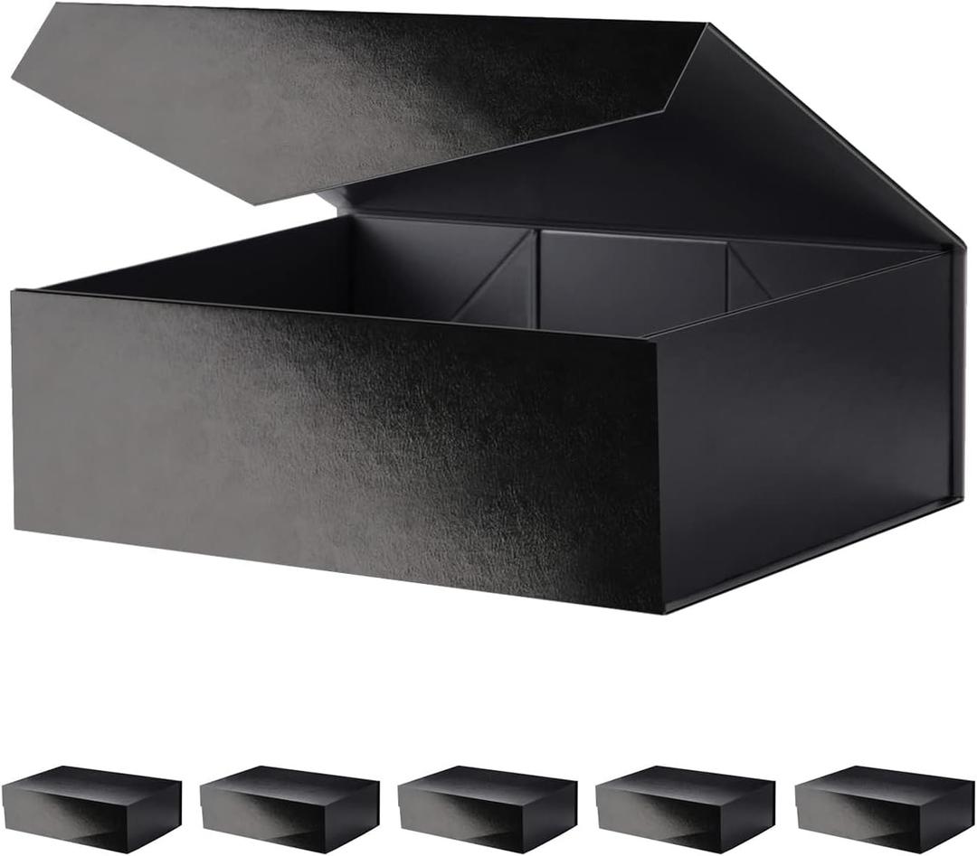 Large Black Collapsible Gift Boxes with Magnetic Closure Lids 13.5x9x4.1 Inches, Groomsmen Proposal Boxes, Rectangle Present Boxes (Glossy Black, 6 Pack)