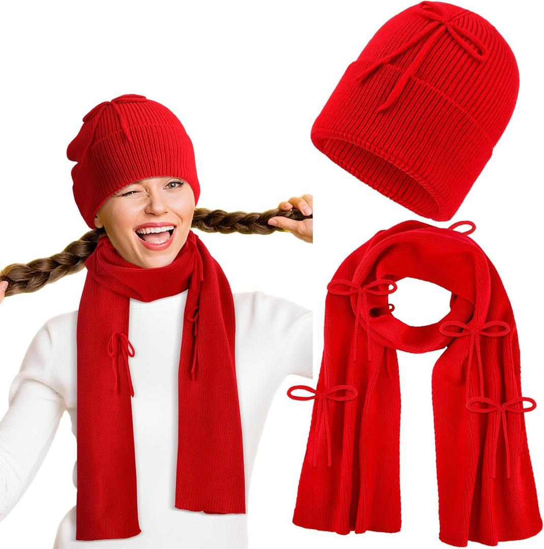 2 Pcs Valentines Day Red Bow Knitted Scarf and Hat Set for Women and Men Winter Soft Beanie and Shawl Wraps Scarves Bow Thick Warm Suit Couple Gift