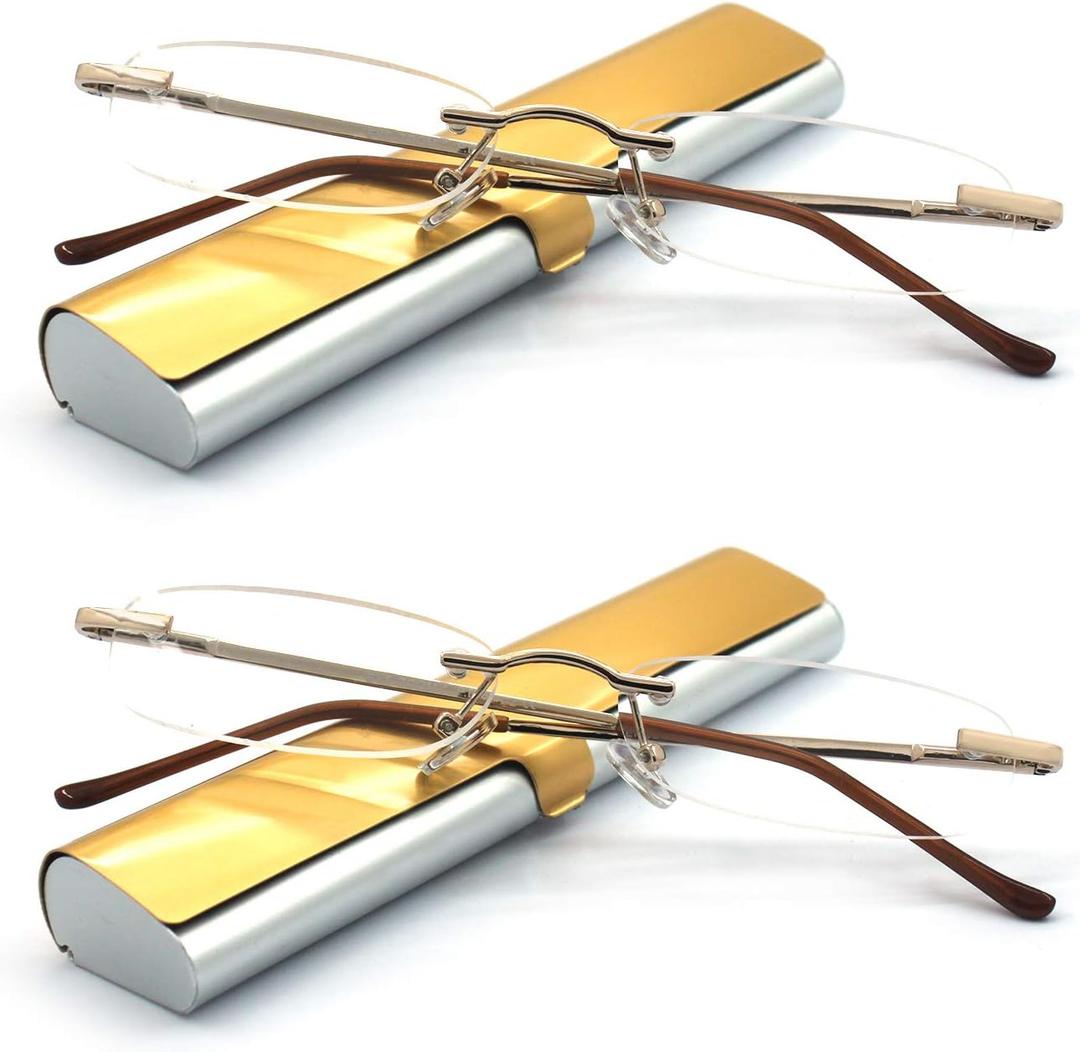 Rimless Reading Glasses with Slim Case Men and Women, Black, Gold and Gunmetal