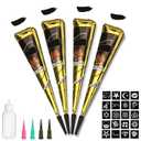 Temporary Tattoos Kit, 4Pcs Black Tattoo Paste Cones, 100% Natural Ready to Use Black Tattoo Paste, India Body DIY Art Painting for Women Men Teens with 20 Adhesive Stencils, 1 Bottle, 4Nozzles
