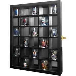 15x20 Shot Glass Display Case, 30 Slots Wooden Cabinet Rack Holder, Large Shot Glass Shelf with Mirror Background with Locks, Shot Glass Shadow Box, Real Glass (15x20in MDF)