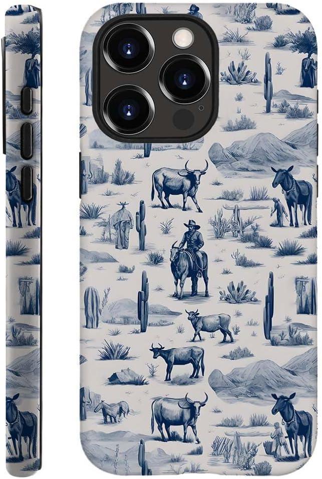 Case Compatible with iPhone 14 Pro,Hybrid 2-Layer Hard Shell,Shockproof Soft for Girl Women,Vintage Western Horses Cow
