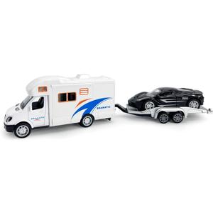 Toy Camper RV Trailer Towing Supercar Sports Model Car Diecast Motorhome Toys for Boys Pull Back Toy Cars, Beach Sandbox Outdoor Adventure Play Set, 3 4 5 6 Years Old Kids Toddlers Gifts, White