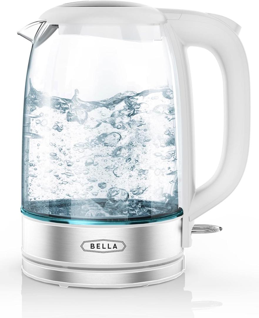 Bella Electric Kettle and Water Boiler, 1.7L - Cordless Clear Glass LED Color Changing Portable Tea Pot with Auto Shut Off & Boil Dry Protection, White (1.8 Quarts)