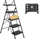 BONTEC 4-Step Ladder, 400lbs Max Load, Folding Step Stool with Tool Tray, Anti-Slip Pedals, Sturdy Steel, Lightweight Portable Ladder with Handrail for Home & Work Use, Black
