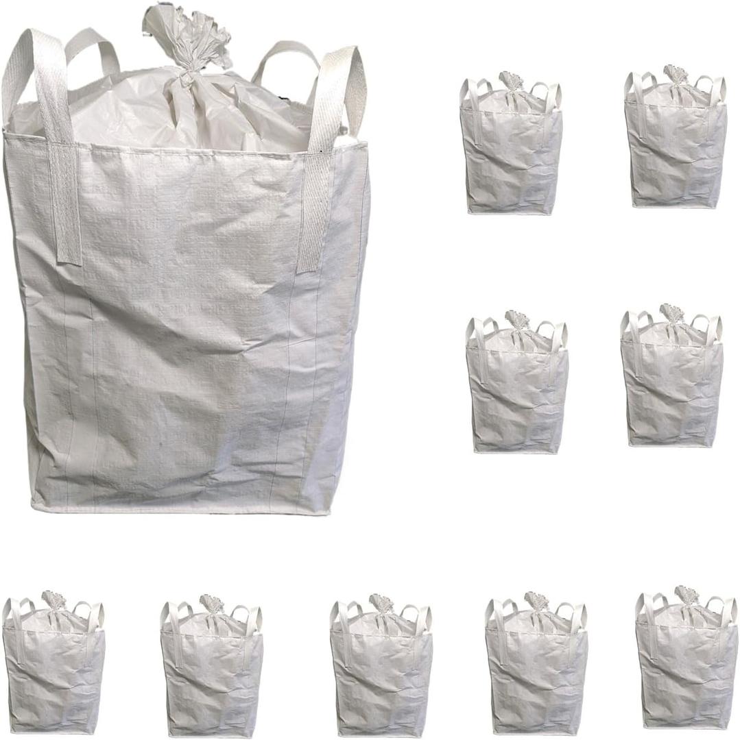 FIBC Bulk Bags 35"x35"x43"  Pack of 10 Heavy Duty Construction Builder Bags, 2200 lbs Capacity, Duffle Top, Flat Bottom, 35 Cu Ft, White Woven Polypropylene Big Bags