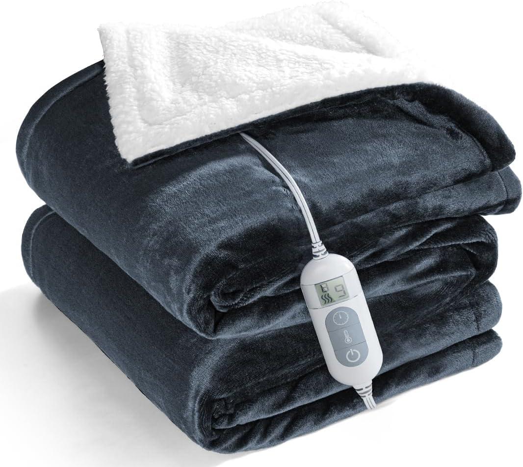 Electric Heated Throw, Double-Sided Flannel & Sherpa, 8 Heating Levels, 1-9 Hr Timer, Auto-Off, Machine Washable, ETL Certified, 62'' x 84'' Blue + White