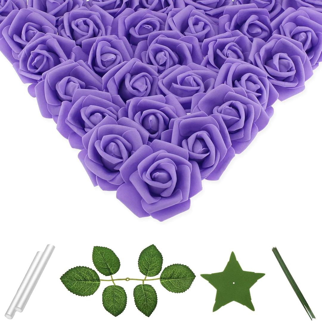 100 Pcs 3 Inch Artificial Flowers Bulk 5 in 1 Set Faux Foam Fake Rose Head Wedding Decoration Bridal Shower Centerpiece Arrangement Wall Table Decor DIY Craft (Purple)