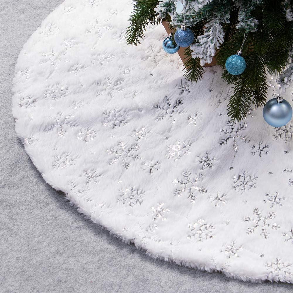 XAMSHOR Sequin Christmas Tree Skirt Soft Plush Mat White Faux Fur Holiday Party Decorations 24 Inch