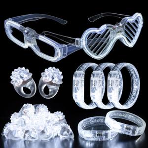 50Pcs White Wedding Party Supplies Set 10 LED Flashing Glasses 20 Light up Bracelets and 20 LED Blink Bumpy Rings Glow In Dark Romantic Valentine's day Neon Party Decorative Accessories