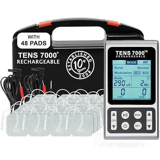 TENS 7000 Rechargeable TENS Unit Muscle Stimulator, 48 Pack Electrodes and Pain Relief Device  Advanced TENS Machine for Effective Back Pain Relief, Nerve Pain Relief, Muscle Pain Relief