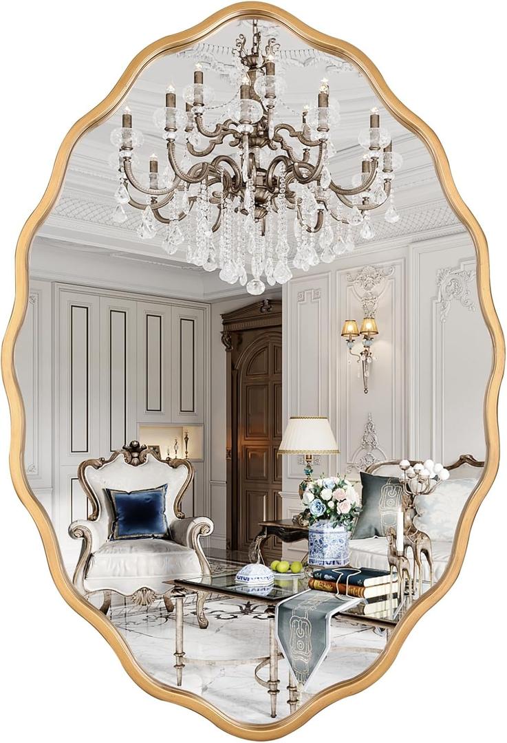 30 * 40" Gold Oval Ripple Brushed Irregular Wave Bathroom Mirror Wall Mounted Large Modern Countryside Suitable for Washroom, Bedroom, Living Room, Entryway