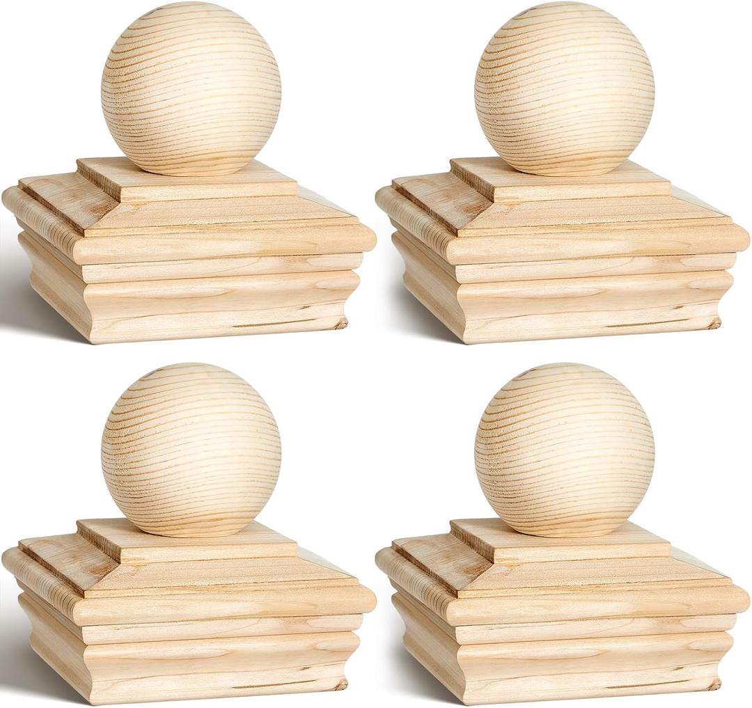 Hosuly 4x4 (Actual 3-5/8") Wood Post Caps with Ball Finial, Rot Resistant Cedar Newel Post Cap for Outdoor Fence & Deck(4 x 4 Inch,4 Pcs)