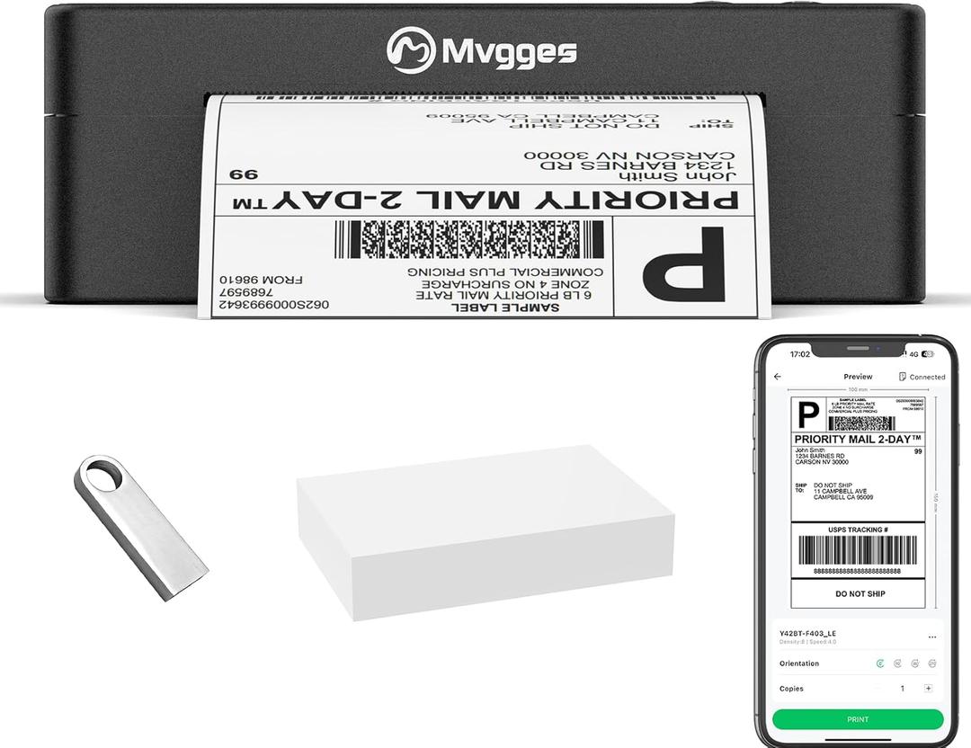 Mvgges Shipping Label Printer Bluetooth, 4X6 Thermal Label Printer for Shipping Packages, Support Windows, Mac, iOS, Android, Used for Amazon, Ebay, UPS, USPS, Shopify