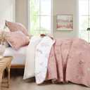 Drucon Blush Pink Quilt Set King Size 3 Pieces Floral Branch Botanical Quilt Bedspread, Reversible Floral Leaves Pattern Lightweight Microfiber Bedding Coverlet Set for All Season