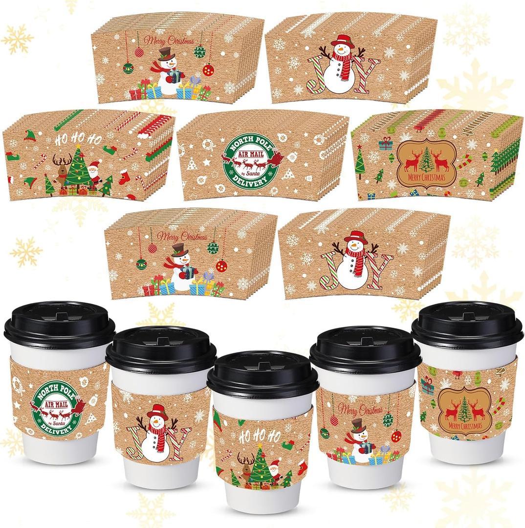 Sliner 200 Pack Christmas Coffee Cup Sleeves Disposable Paper Cup Sleeves Double Layer Covers for 12 16 oz Coffee Cups Home Office Xmas Party Hot Cold Beverage Supplies Xmas Party Decoration (Rustic)