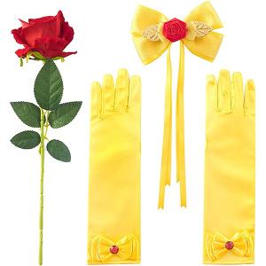 JiaDuo Girls Princess Costume Accessories Halloween Dress Up Hair Bow, Gloves and Rose Flower Set Yellow
