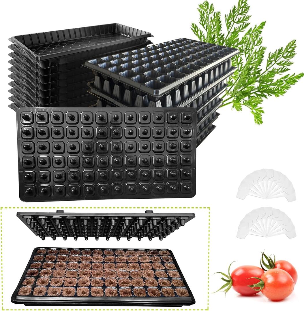 LARNORJE 72 Cell Seed Starter Trays with Dibber – 20 Pack Reusable Seedling Trays for Germination Propagation, 72 Hole Soil Digger for Quickly Setting Out, Gift for Gardener