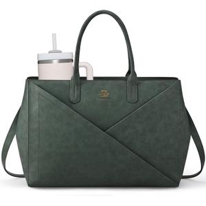 LOVEVOOK Laptop Tote Bag for Women with Large Cup Holder, 15.6 Inch PU Leather Work Bag Teacher Tote Bag, Waterproof Computer Bags Business Office Briefcase Handbag (Dark Green)