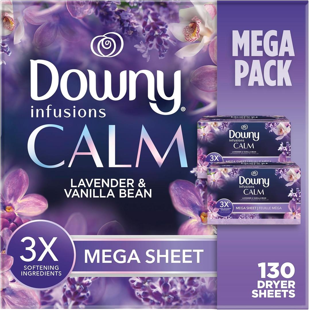 Downy CALM, Mega Dryer Sheets, Laundry Fabric Softener, Lavender and Vanilla Bean, 120 Count