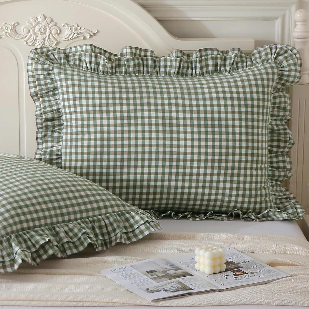 Aryeleay 2 Pack Sage Green White Plaid Gingham Ruffle Pillow Shams Standard Size, 100% Washed Cotton Checkered Farmhouse Pillow Covers for Bed/Sofa-20 x26