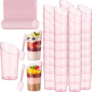 Newtay 50 Pcs 3oz Mini Slanted Dessert Cups with Spoons, Pink Ice Cream Cups for Mother's Day Graduation Party, Disposable Buffet Serving Bows for Birthday Wedding Brunch, Nuts Salad Snacks Yogurt