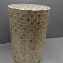 Chi An Home 19.3” Capiz Shell Ivory Checkered Cylinder Drum Side Table, 19.3" x 13.4"