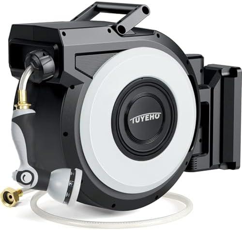 Tuyeho Retractable Garden Hose Reel 100FT, Wall Mount Heavy Duty Water Hose Reels with Automatic Slow Rewind System, Outdoor Hoses Reel with 2 Hose Nozzles for Garden Watering, Car Wash, Pet Shower