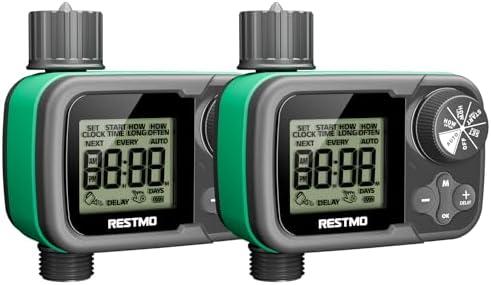 RESTMO 2 Pack Sprinkler Timer, Ball Valve Water Timer for Garden Hose, Automatic Control, Manual Watering, Compatible with Rain Barrel Outdoor Faucet, Zero/Low Water Pressure Lawn Watering System