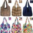 Reusable Grocery Bags, 6 Pack 50Lbs Foldable Fashion Washable Shopping Bags, Large Tote Bags For Groceries, Foldie Beach Bag, Foldable Travel Bag Gifts For Women