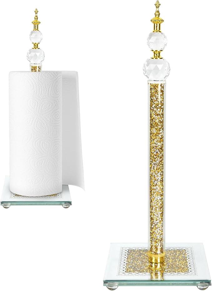 Paper Towel Holder Stand, Countertop Paper Towel Roll Dispenser Holders with Cube Base, Tissue Countertop Filled with Sparkly Crystal Crushed Diamond House Decor for Kitchen Bathroom