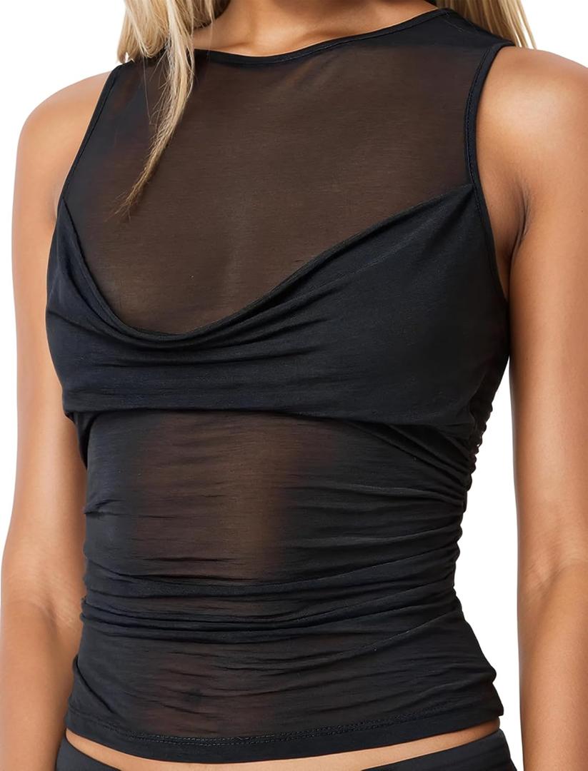 Sexy Pleated Ruched Crop Tank Tops for Women Mock Neck Sleeveless Mesh See Through Double Linery Tank Tops (Black)