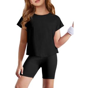 Haloumoning Girls Loose Athletic Shirts Short Sleeve Crop Tops Kids Quick Dry Gym Yoga Tees (9-10 Years, Black)