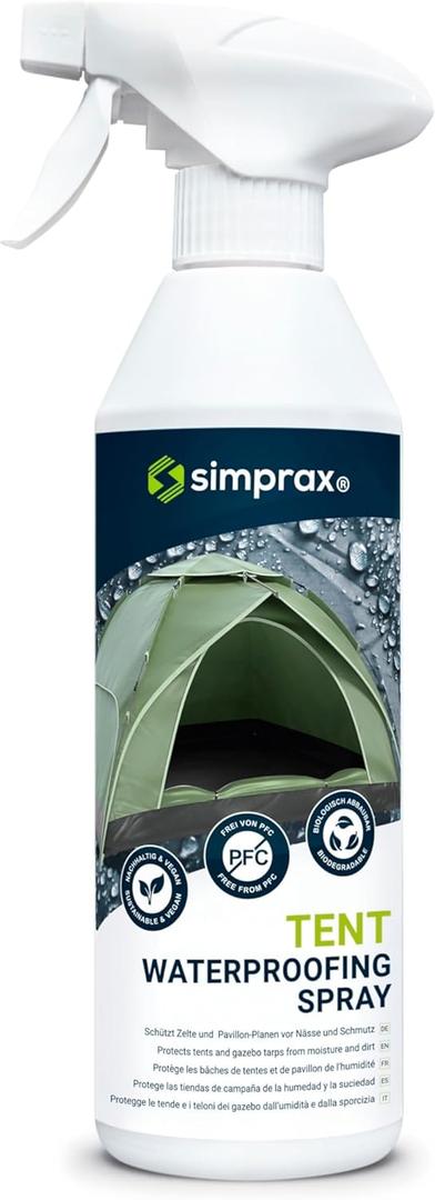 simprax Tent Waterproofing Spray - Certified Eco-Friendly, UV-Stable & Biodegradable Waterproof Spray | Made in Germany | Waterproofing Spray Enhances Water-Repellency for Tent & Technical Textiles (16.9oz)