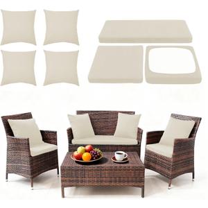 Waterproof 3-Piece Patio Sofa Cushion Cover Set - Replacement Covers for Outdoor Wicker Furniture, Bench & Seat Cushions with 4pcs Throw Pillow Cover (Off-White)