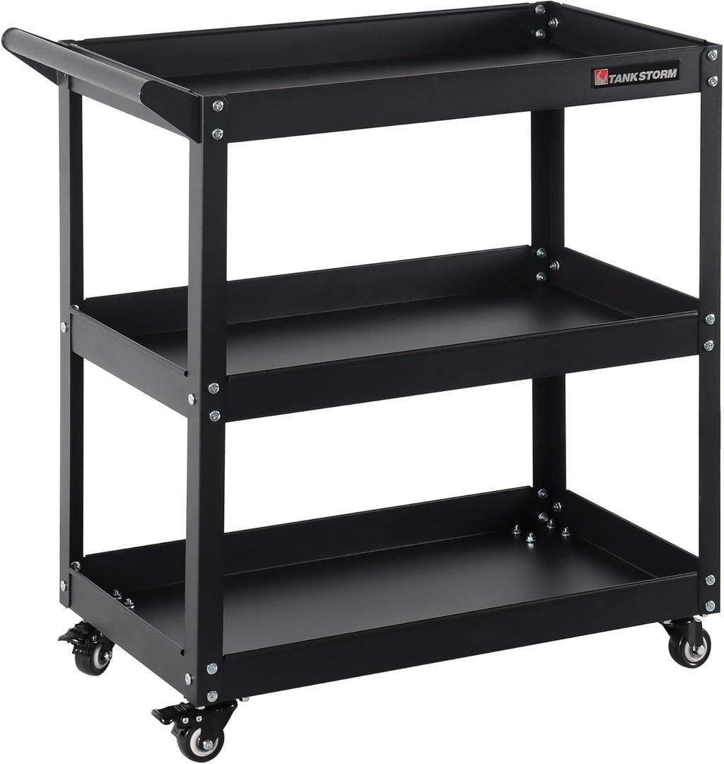 3 Tier Heavy Duty Rolling Tool Cart, Industrial Steel Service Cart for Garage, Workshop, Warehouse, 330LBS Capacity, Black Mechanics Tool Trolley with Wheels and Handle (01 small)