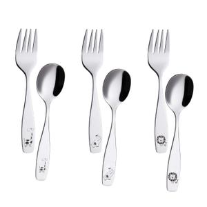 ANNOVA Kids Silverware 6 Pieces Children's Safe Flatware Set Stainless Steel - 3 x Children Forks, 3 x Dinner Spoon, Toddler Utensils, for Lunchbox (Safari Animals Etched Elephant, Giraffe, Lion)