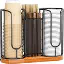 Coffee Cup and Lids Holder - Disposable Cups Straws Organizer with Wooden Base - Paper Plastic Cup Holder Dispenser Storage for Countertop Coffee Station Bar Restaurant Office Breakroom Shop Kitchen