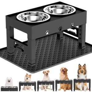LAKIPETN Elevated Dog Bowls with Mat, Raised Dog Food Bowl Stand with 2 Stainless Steel Bowls, 5 Height Adjustable (3.1", 9", 10", 11", 12") Non-Slip Feeder Set for Medium and Large Dogs Black
