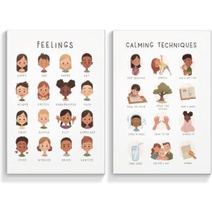Prinajssiad 2 Pieces Boho Feelings and Calming Posters for Toddlers Mental Health Awareness Canvas Wall Art Preschool Emotions Faces Calm Corner Prints Social Worker Office Decor 12x16in Unframed