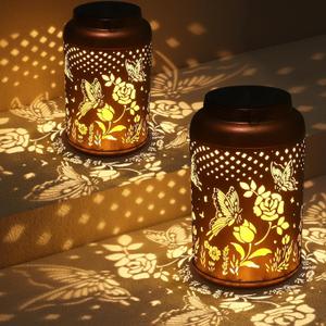 2 Pack Solar Lanterns Outdoor Waterproof, Butterfly Rose Garden Decor Birthday Gifts for Women Mom Grandma Hanging Solar Lights Metal Solar Decoration Outside for Yard, Patio, Lawn