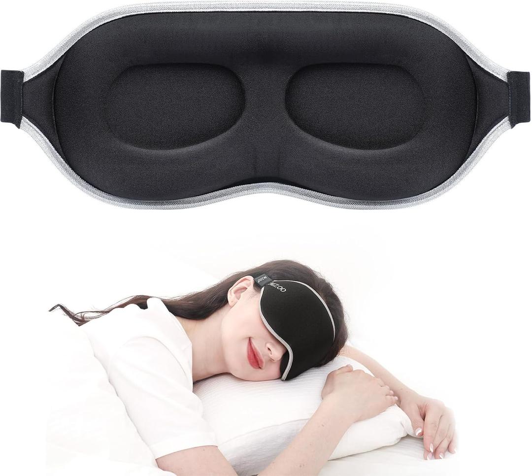 MZOO Luxury Sleep Mask for Back, Side Sleeper, Complete Light Blocking Sleeping Eye Mask Night Blindfold, 3D Zero Pressure & Spacious for Lash Extensions, Breathable Soft Eye Cover Flight Nap Travel (N-black (Silver Edge))