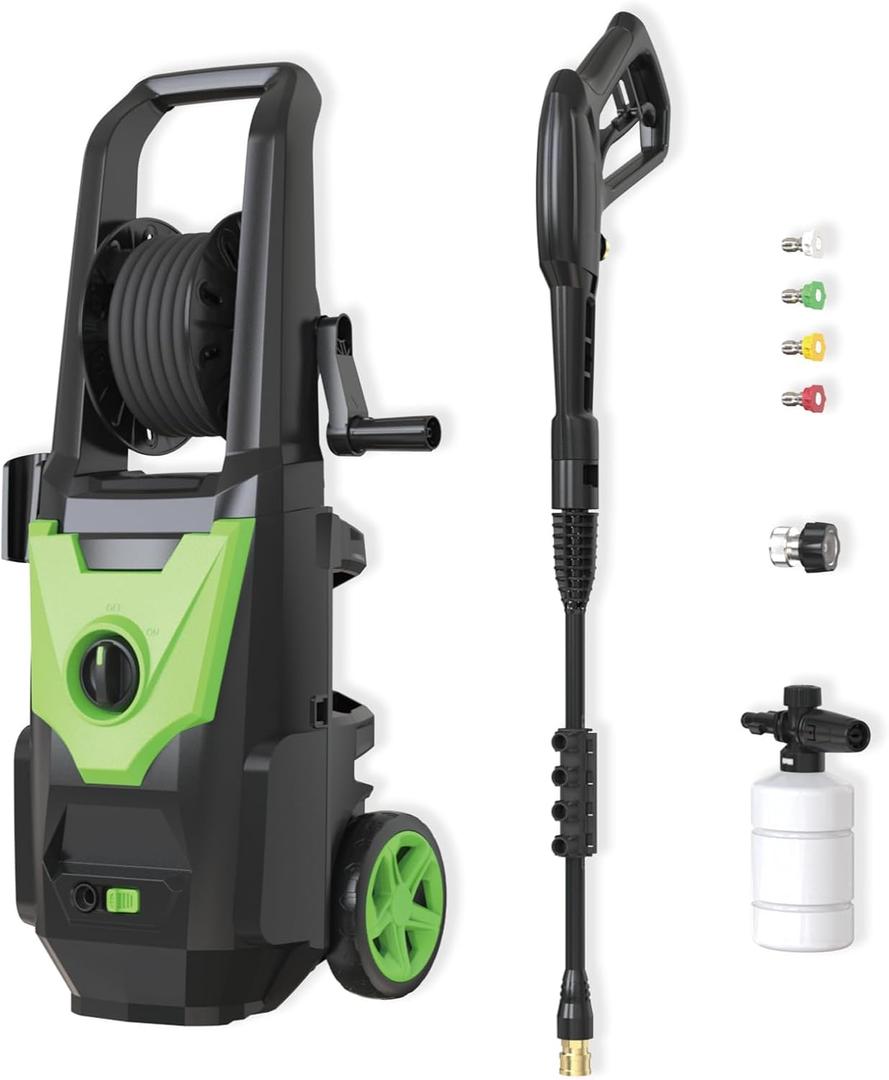 2200W Electric Pressure Washer, 2800 PSI 2.8 GPM with Hose Reel, Foam Sprayer, 4 Nozzles, Rotary Control Switch, IPX5 Waterproof, Compact Trolley-Style Design for Home, Car, and Patio. (P5)