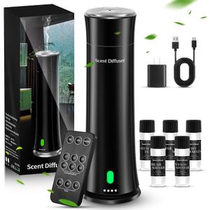 Waterless Scent Diffuser Kit — Covers 1,500 sq. ft. Suitable for Large Rooms, Home, Offices, and Hotels. Includes Five Essential Oils and Remote Control. Black