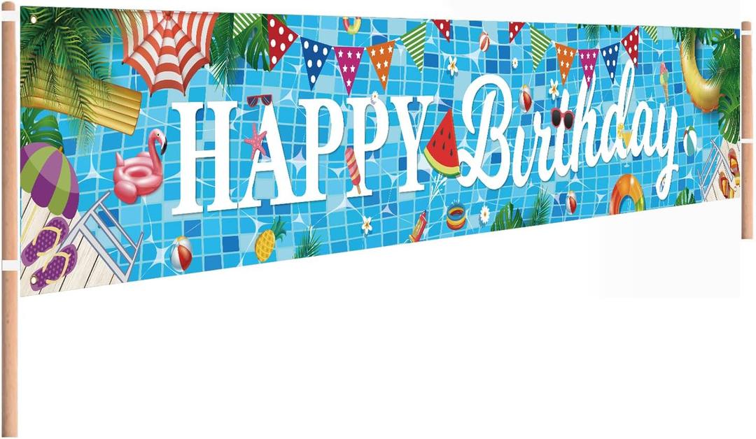 Pool Birthday Party Decorations, Extra Large Size Happy Birthday Pool Party Banner, Pool Party Decorations for Birthday, Pool Party Banner for Pool Party Supplies, 118 x 20 inch
