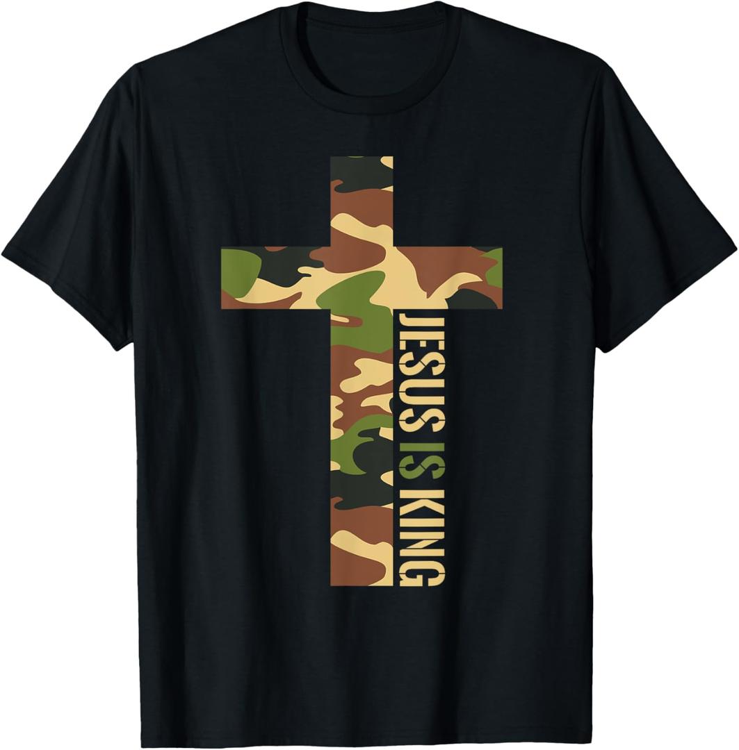 Jesus Is King Cross Christian Camo Camouflage Hunting God T-Shirt (Small, Black)