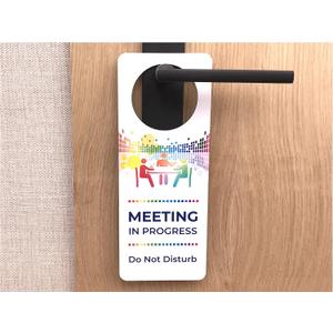 Do Not Disturb Meeting In Progress - Vibrant Colored Printed Door Hanger Sign - for use in Business, Corporate, Home Office & Workplaces. Shipped Globally. TABLE ICON.