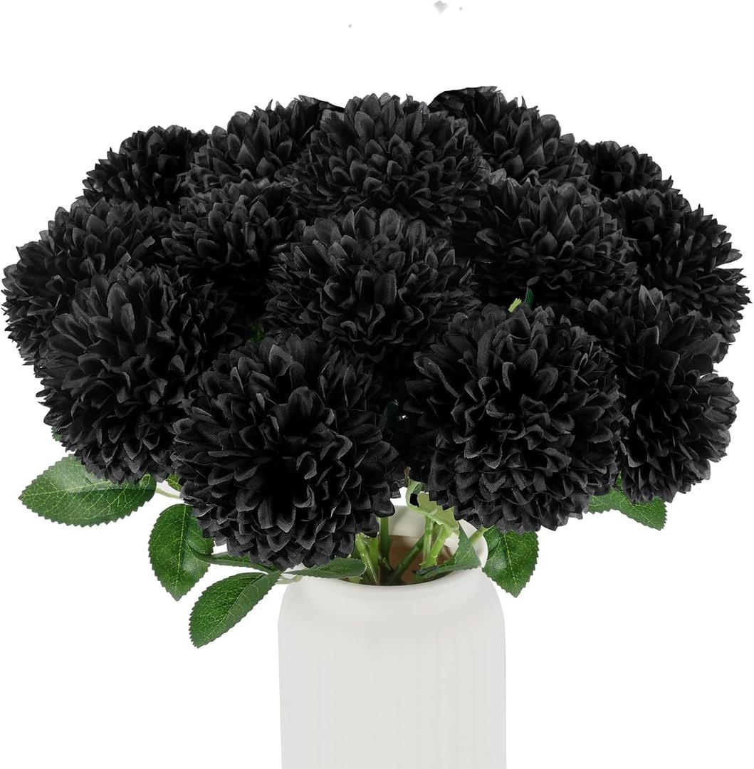 Hananona 12 Pcs Artificial Chrysanthemums Flowers Ball Flower, Fake Mums Flowers Black Silk Plants for Ghothic Home Decor Indoor Floral Arrangement Halloween Table Centerpiece (12, Black)